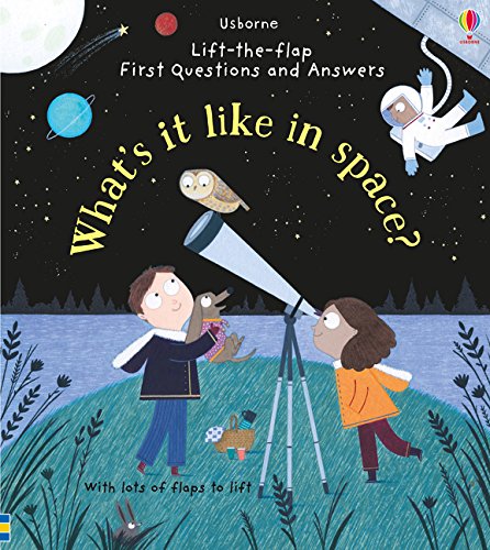 Children looking at space through a telescope, with an astronaut and owl.