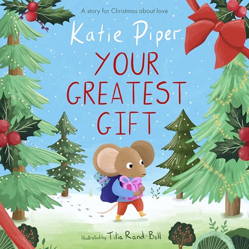Children’s book cover with a mouse carrying a gift, framed by pine trees.
