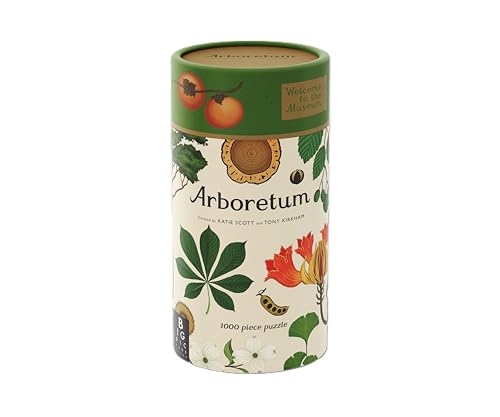 Cylindrical puzzle box with botanical illustrations of trees and fruits.