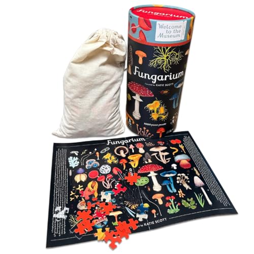 Fungarium puzzle with colorful mushroom illustrations, storage bag, and cylindrical box.