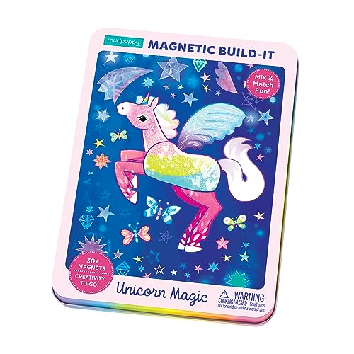 Tin box with colorful unicorn and star design, magnetic build-it set.