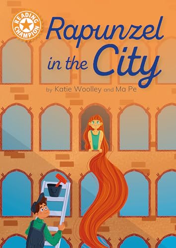 Book cover: Rapunzel with long red hair in a city tower.