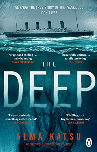 Book cover: Titanic at sea, stormy waves, and a shadowed face below.
