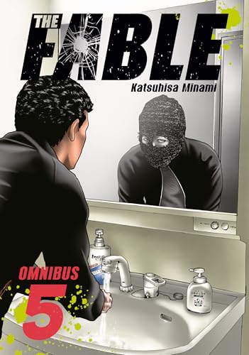 A man in a black jacket washes his hands, reflected in a mirror wearing a balaclava.
