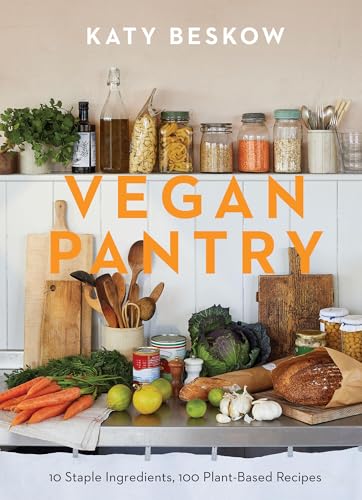 Cookbook cover featuring pantry staples, vegetables, and the title "Vegan Pantry".