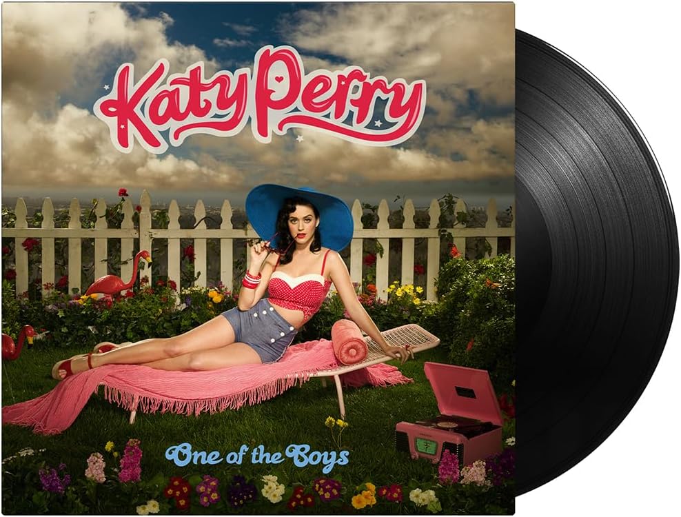 Katy Perry album cover, "One of the Boys," featuring a vinyl record.