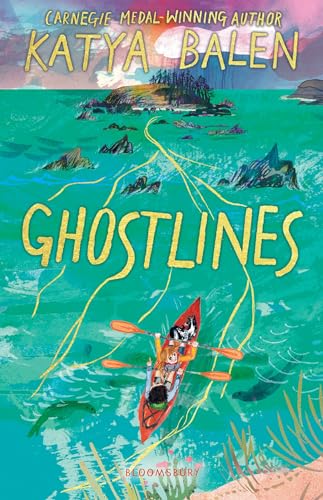 Book cover: "Ghostlines" with a red kayak on turquoise water, and islands.