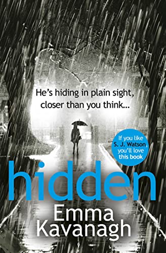 Book cover: rainy street scene with a lone figure and large title "hidden".