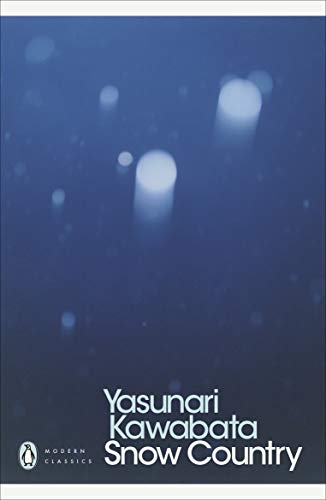 Dark blue book cover with white text: “Yasunari Kawabata Snow Country.”