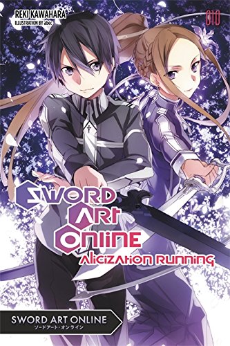 Book cover featuring anime characters Kirito and Alice with a sword.