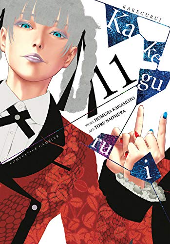 Manga cover: girl with gray hair and a red jacket holding cards.