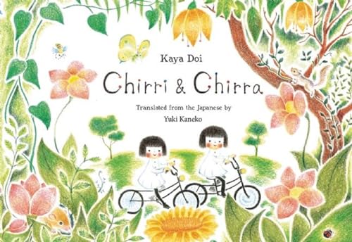 Two girls ride bicycles through a whimsical, hand-drawn forest filled with flowers and animals.