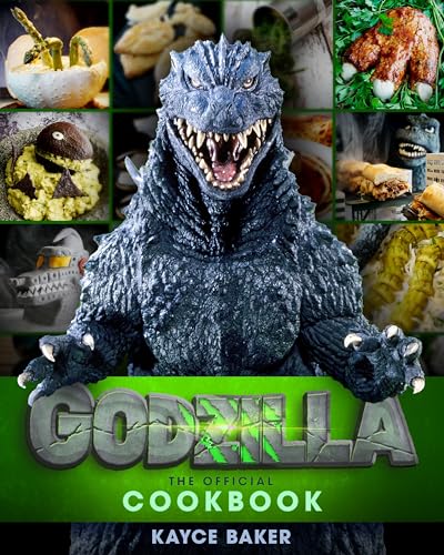 Godzilla cookbook cover with monster and food images, green title text.