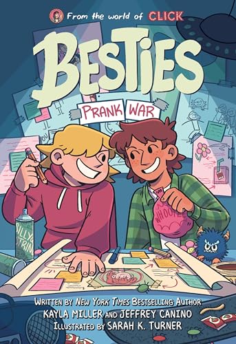 Two smiling friends plan pranks over a desk covered in notes and drawings.