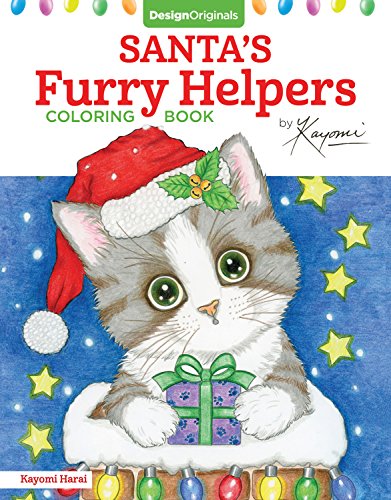 Coloring book cover with a kitten wearing a Santa hat and holding a gift.