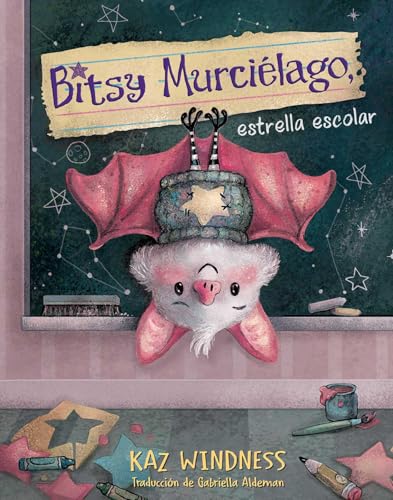 Hanging bat with a backpack in front of a chalkboard with stars.