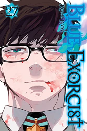 Blue Exorcist volume 27 cover: injured boy with glasses and blue flames.