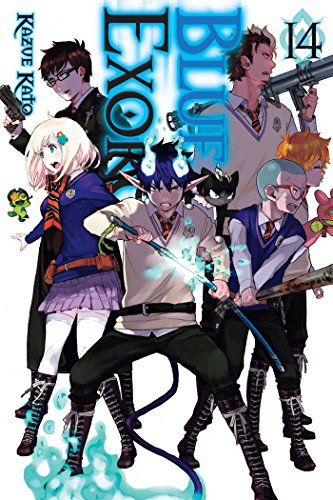 Blue Exorcist" volume 14 cover with six anime-style characters and blue flames.