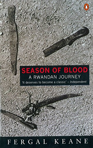 Book cover: “Season of Blood” with rusty machetes on a dirt background.
