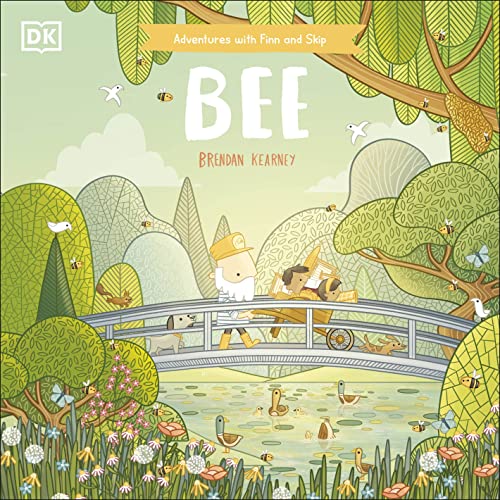 Illustrated book cover showing a man and children crossing a bridge with bees nearby.