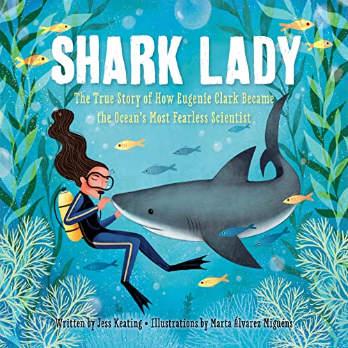 Illustration of a diver swimming near a shark in blue ocean waters.