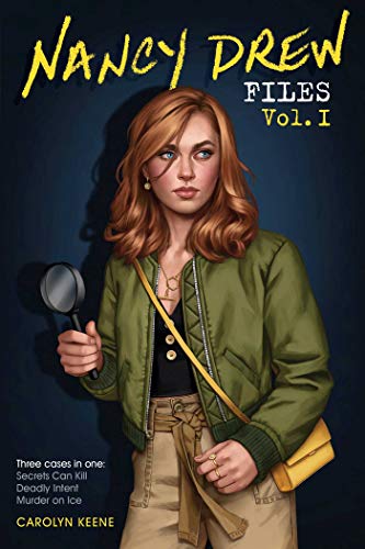 Nancy Drew book cover featuring a young woman with a magnifying glass.