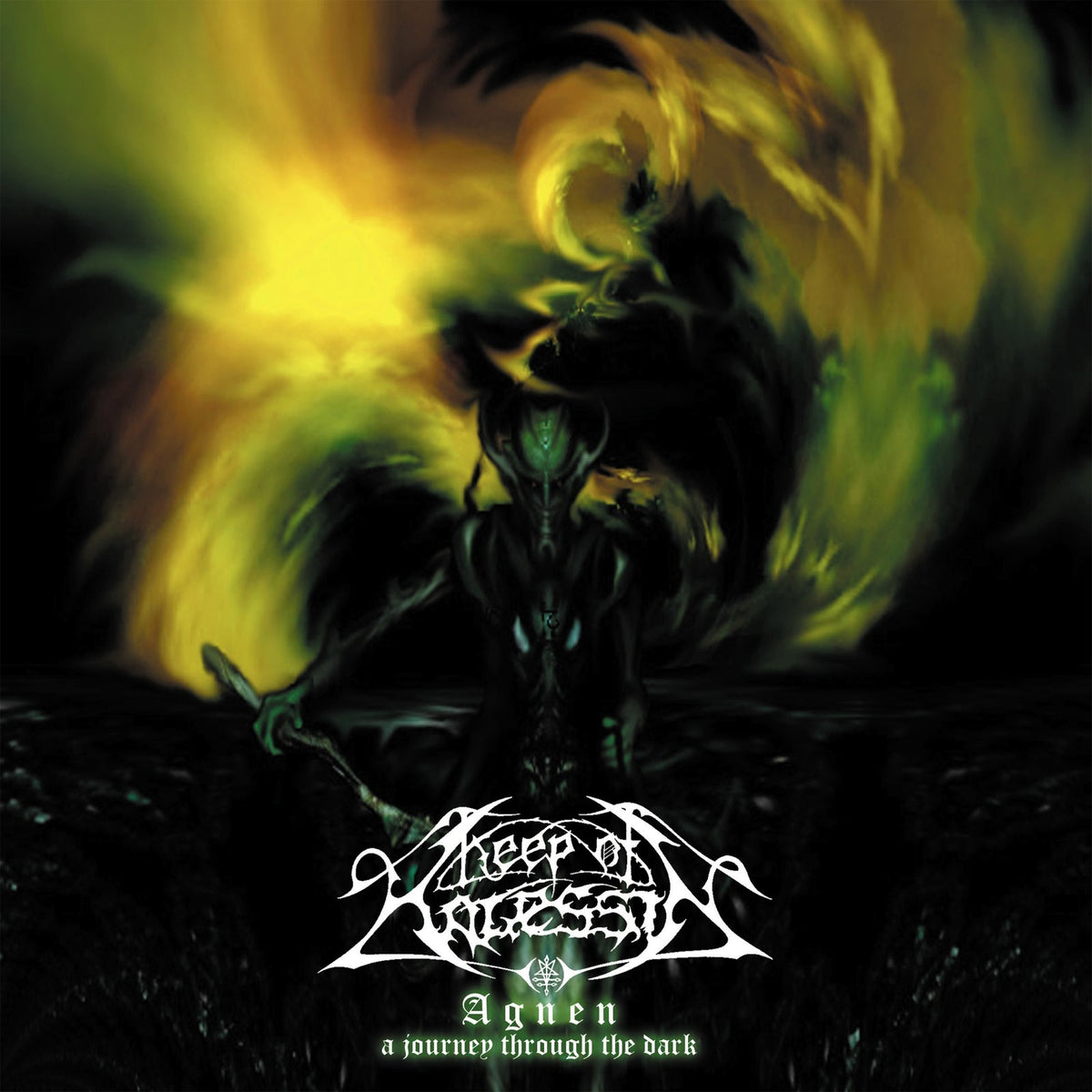 Dark fantasy album cover featuring a shadowy, winged figure in green and black.