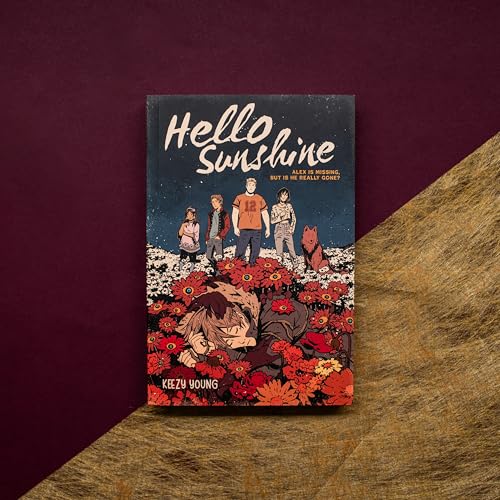 Graphic novel cover with diverse characters and a field of red flowers.