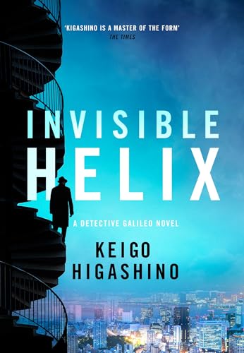Book cover: man on spiral staircase overlooking a city skyline.