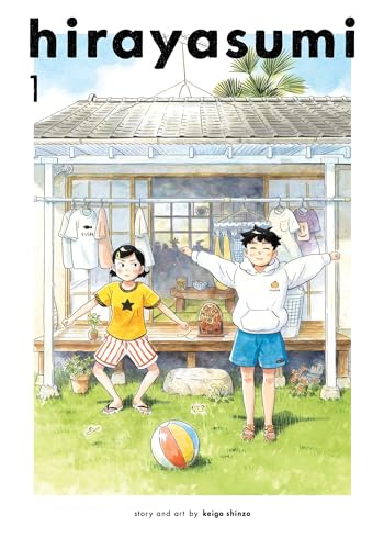 A girl and boy stand in a sunny yard before a house with laundry hanging.