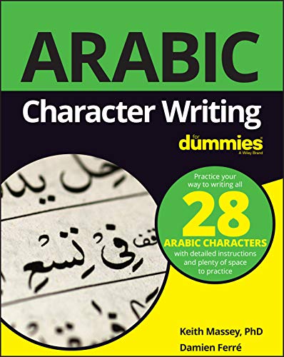 Book cover: "Arabic Character Writing For Dummies" with Arabic script examples.