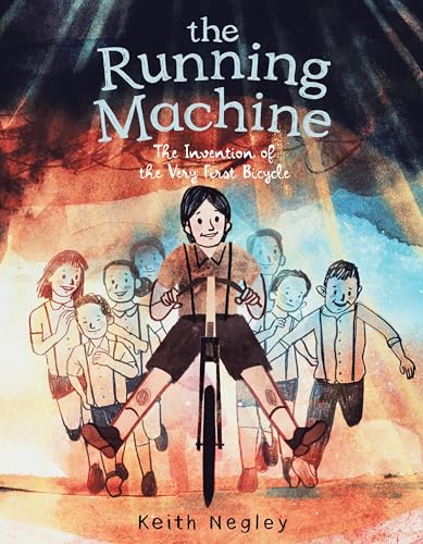 Book cover: boy riding an early bicycle with onlookers, watercolor style.