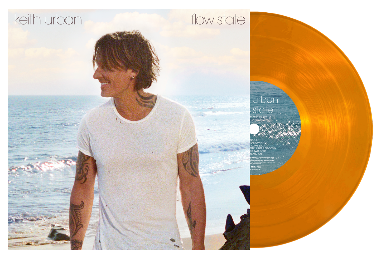 Orange vinyl record for Keith Urban’s “flow state” album, with artist portrait.