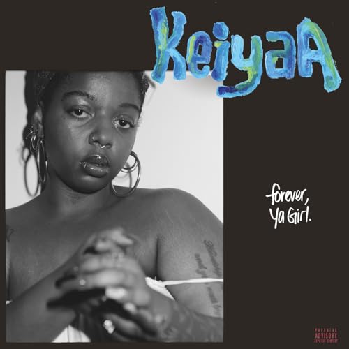 Black and white portrait of Keiyaa with blue handwritten text.