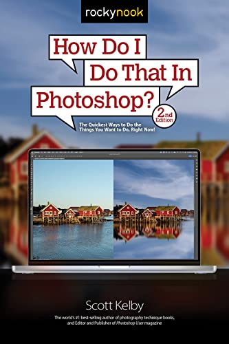Photoshop instruction book cover with laptop displaying edited photos.