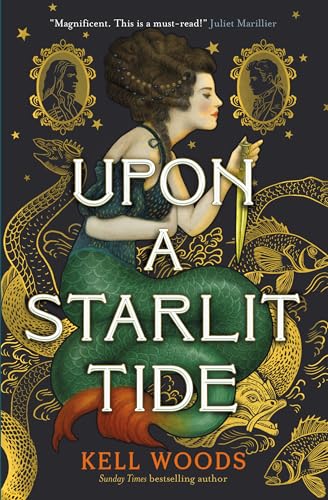 Book cover: mermaid with sword, ornate gold details, dark background.