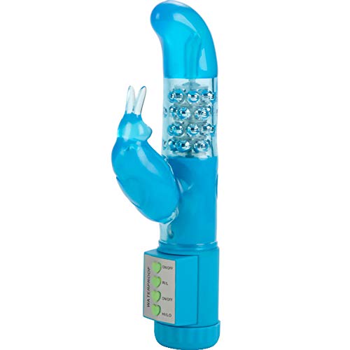 Blue, curved personal massager with button controls and textured head.