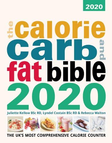 Book cover: "The Calorie, Carb and Fat Bible 2020" with food images.