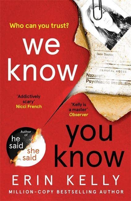 Red book cover with torn paper revealing a woman’s face and text.