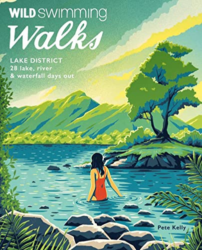 Book cover illustration showing a person swimming in a lake with mountains behind.