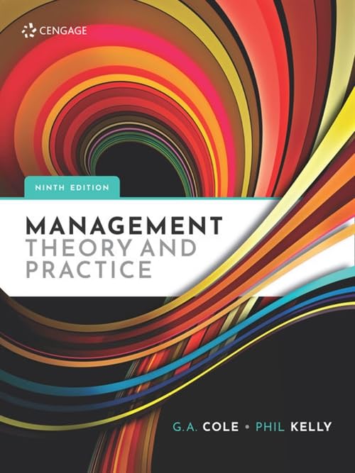 Book cover: "Management Theory and Practice," ninth edition, colorful abstract design.