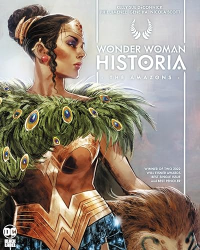 A woman with an intricate updo wears a peacock feather cape and golden armor.