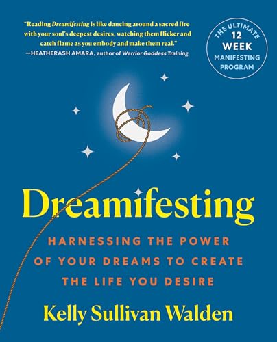 Book cover: "Dreamifesting" with a crescent moon, stars, and rope design.