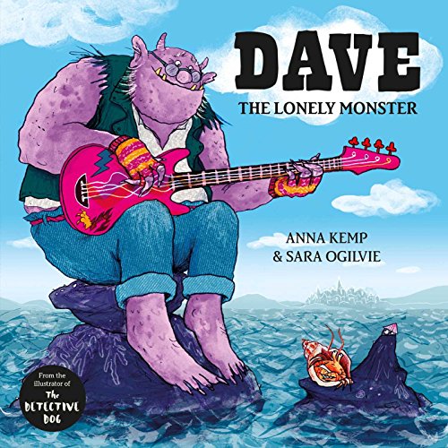 Purple monster playing a pink electric guitar by the sea.