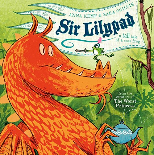 Book cover: orange dragon, small green frog, and blue teapot illustration.