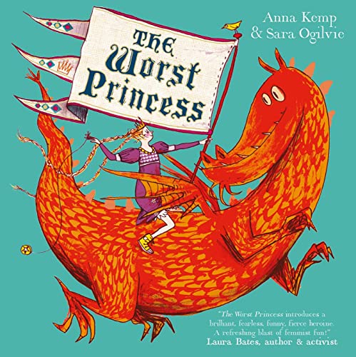 A princess in a purple dress and sneakers rides a large orange dragon.