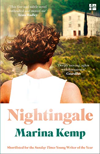 Book cover: woman with curly hair overlooking a hillside villa.