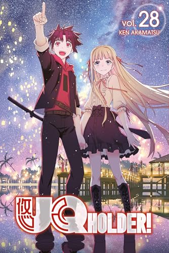 Uq Holder! volume 28 manga cover with two anime characters and fireworks.