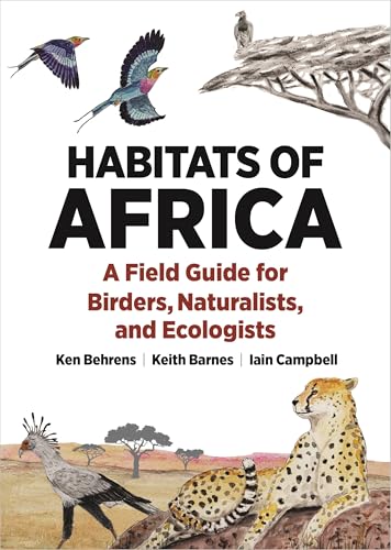 Book cover: “Habitats of Africa” with birds, cheetah, and landscape illustrations.