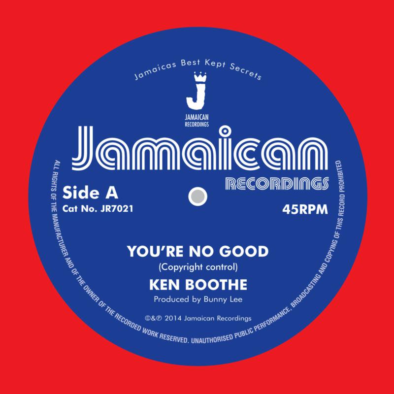 Blue vinyl record label for Ken Boothe's You're No Good on Jamaican Recordings.